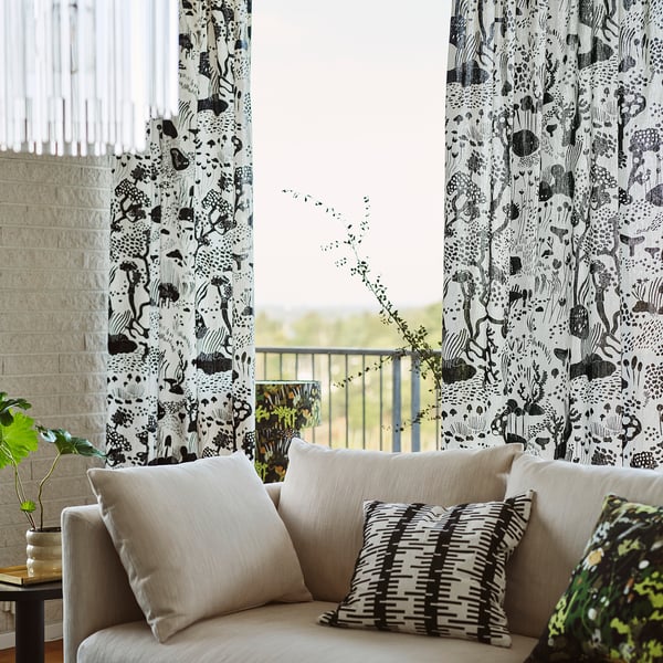 STOCKHOLM 2025 curtains, 1 pair, white/black/with heading tape, 145x300 cm