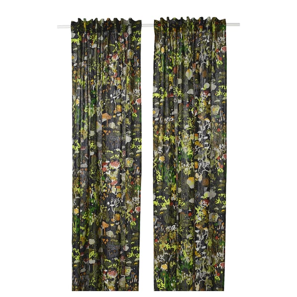 STOCKHOLM 2025 curtains, 1 pair, black multicolour/with heading tape, 145x300 cm