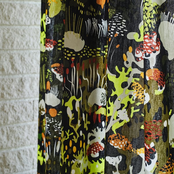 STOCKHOLM 2025 curtains, 1 pair, black multicolour/with heading tape, 145x300 cm