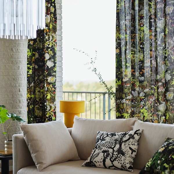 STOCKHOLM 2025 curtains, 1 pair, black multicolour/with heading tape, 145x300 cm