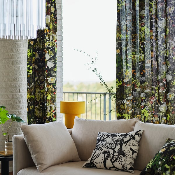 STOCKHOLM 2025 curtains, 1 pair, black multicolour/with heading tape, 145x300 cm