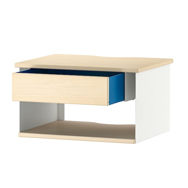 STOMSÖ - Wall-mounted bedside table, birch effect white/blue, 36x29x20 cm