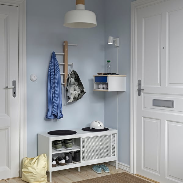 STOMSÖ wall-mounted bedside table, birch effect white/blue, 36x29x20 cm