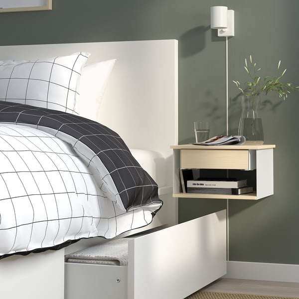 STOMSÖ - STOMSÖ Wall-mounted bedside table, birch effect white/blue, 36x29x20 cm