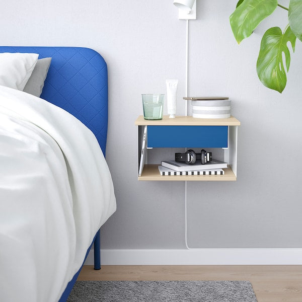 STOMSÖ - Wall-mounted bedside table, birch effect white/blue, 36x29x20 cm