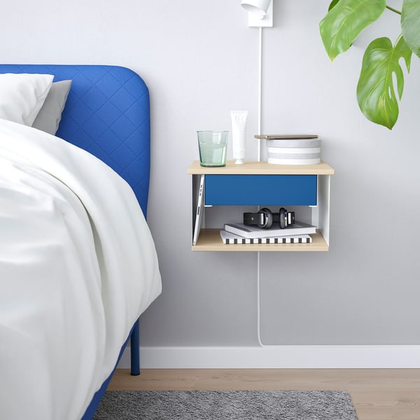 STOMSÖ wall-mounted bedside table, birch effect white/blue, 36x29x20 cm