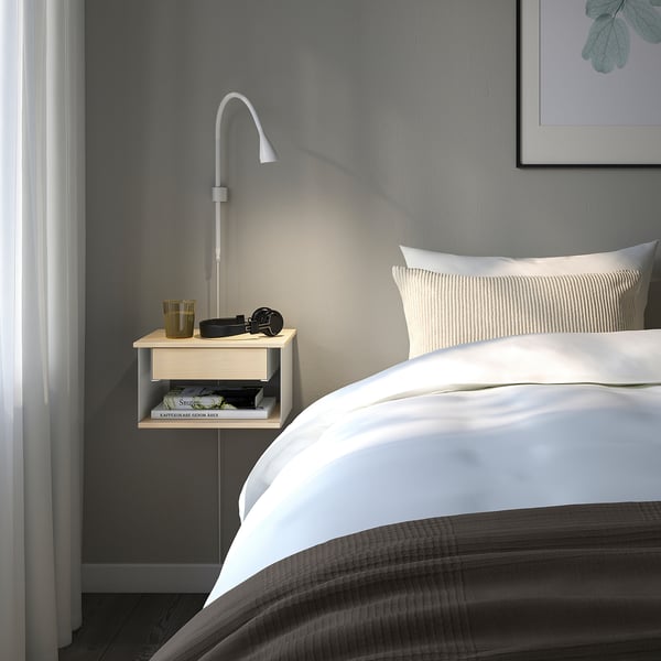 STOMSÖ wall-mounted bedside table, birch effect white/blue, 36x29x20 cm