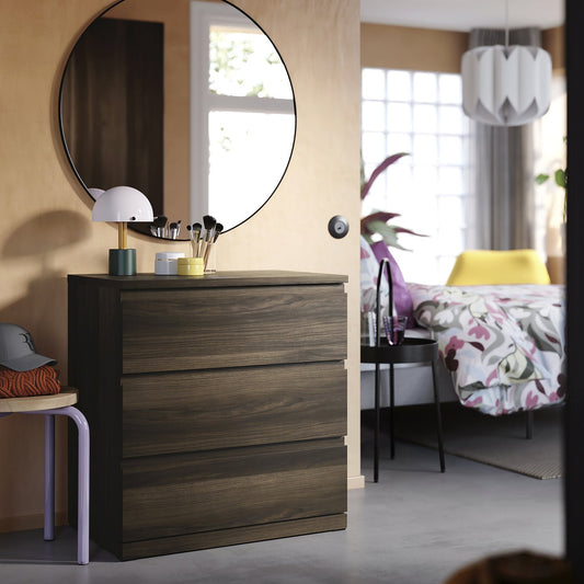 STORKLINTA chest of 3 drawers, dark brown/oak effect, 70x50x75 cm