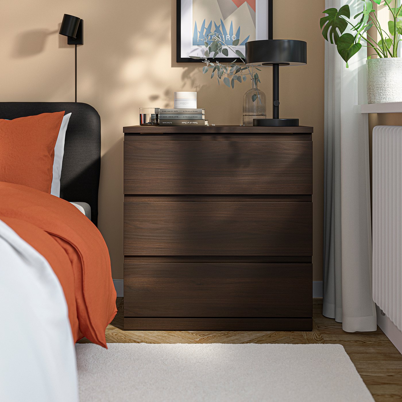 STORKLINTA chest of 3 drawers, dark brown/oak effect, 70x50x75 cm