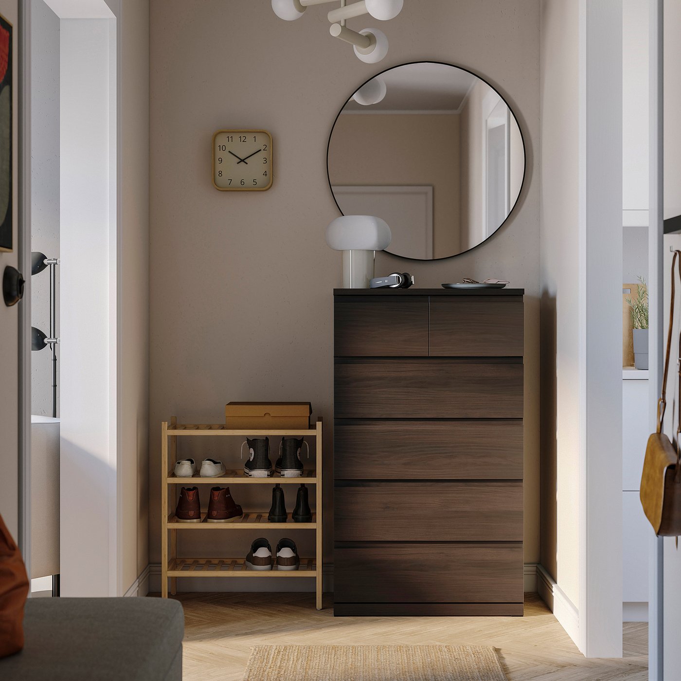 STORKLINTA chest of 6 drawers, dark brown/oak effect, 70x50x120 cm