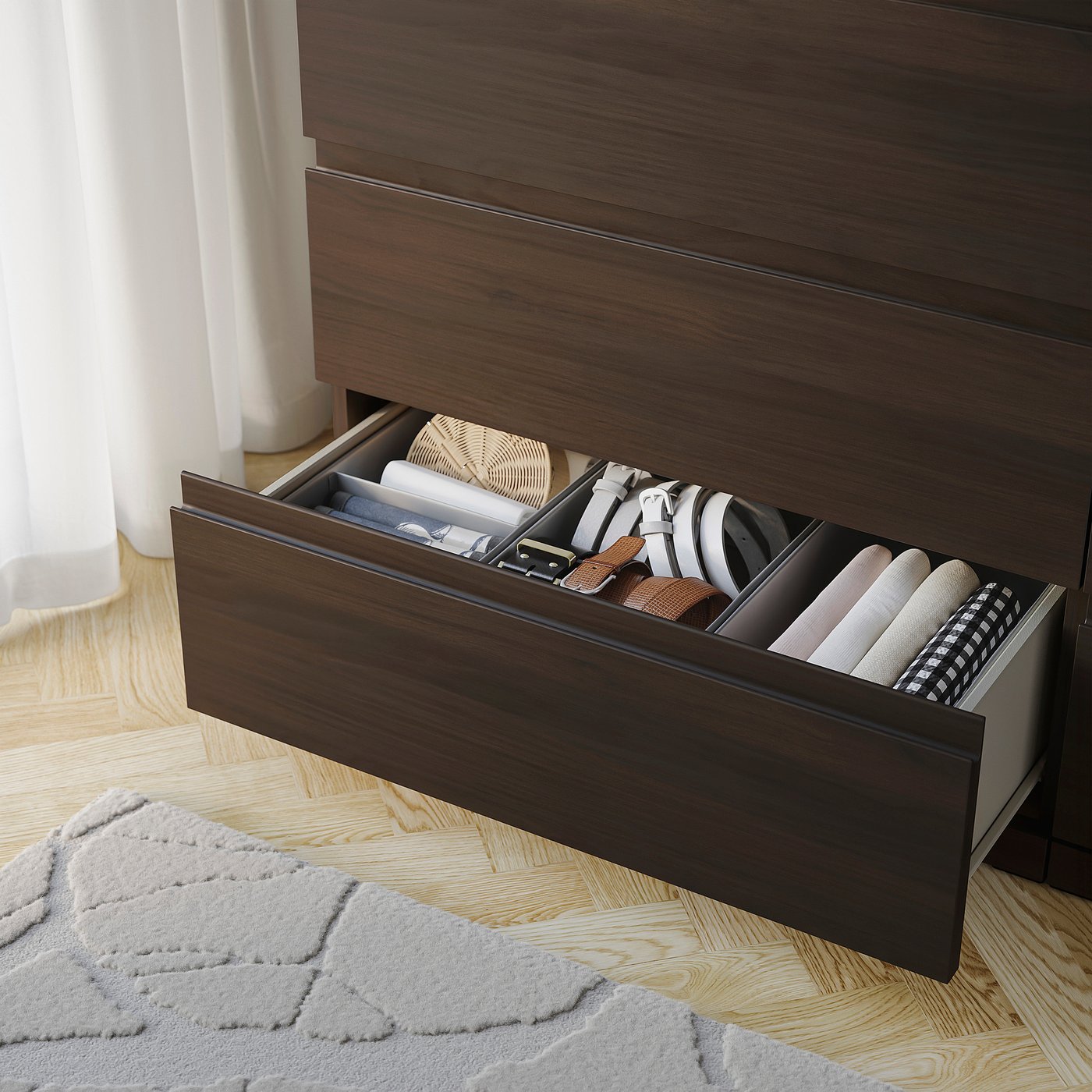 STORKLINTA chest of 6 drawers, dark brown/oak effect, 140x50x75 cm