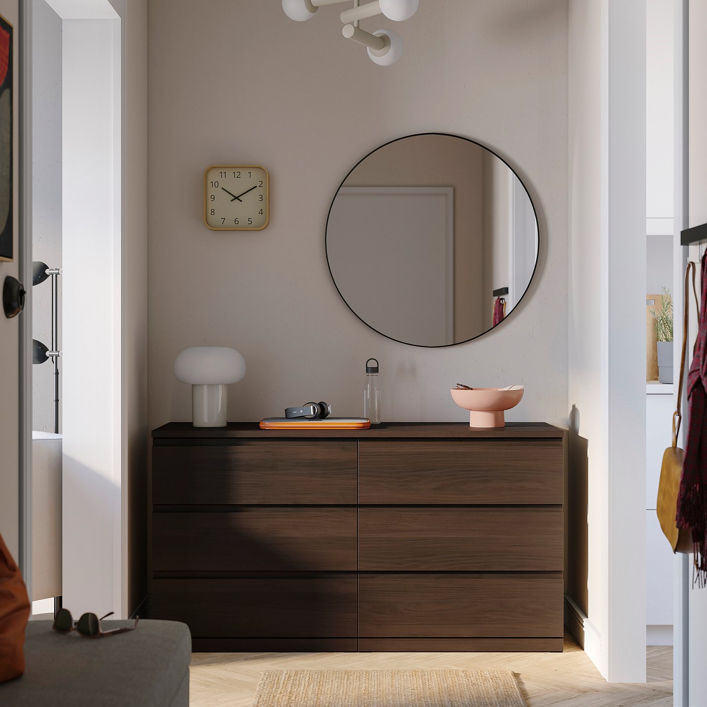 STORKLINTA chest of 6 drawers, dark brown/oak effect, 140x50x75 cm
