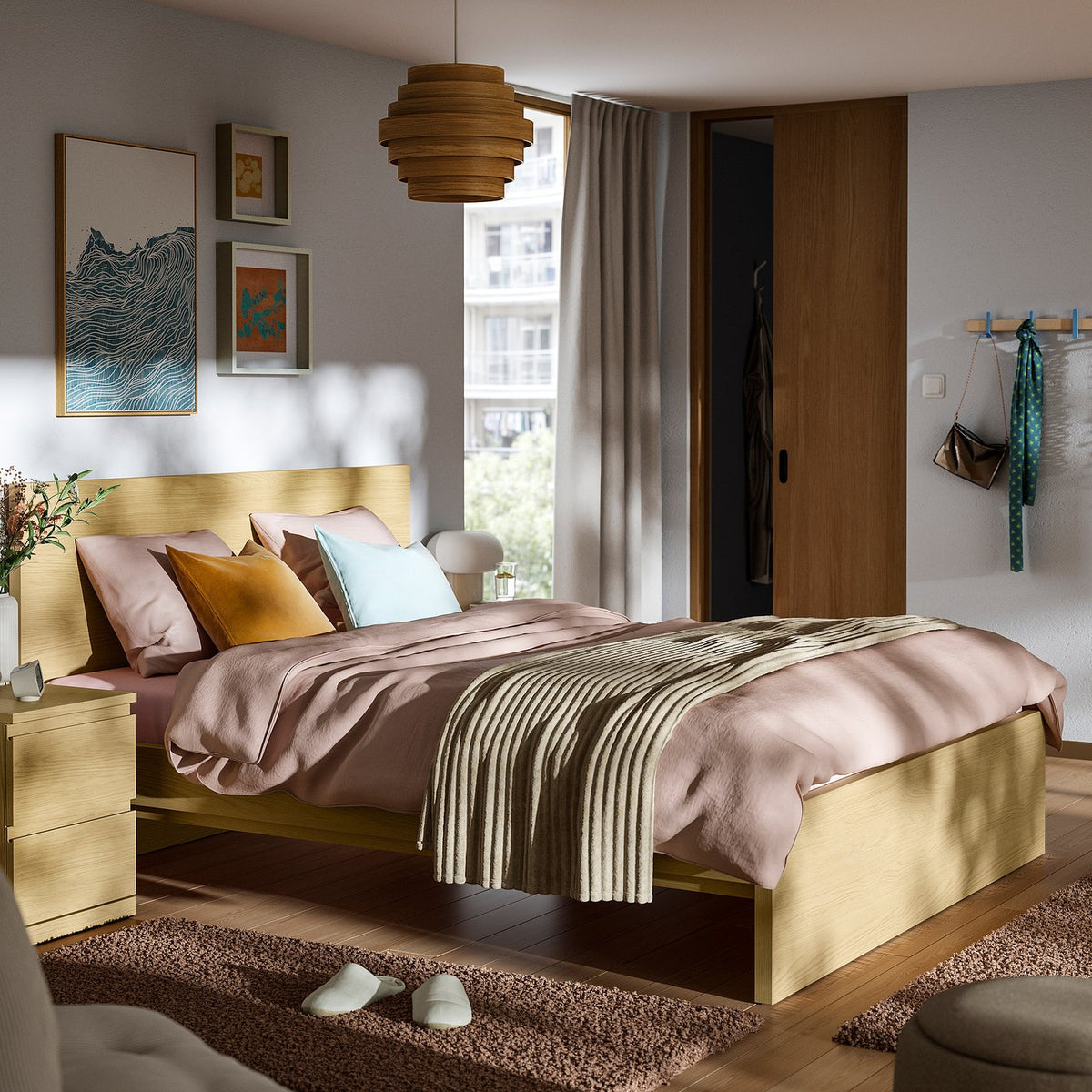 STORKLINTA bedroom furniture, set of 3, oak effect, 160x200 cm
