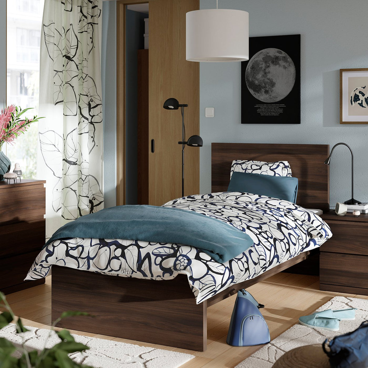 STORKLINTA bedroom furniture, set of 3, dark brown oak effect, 90x190 cm