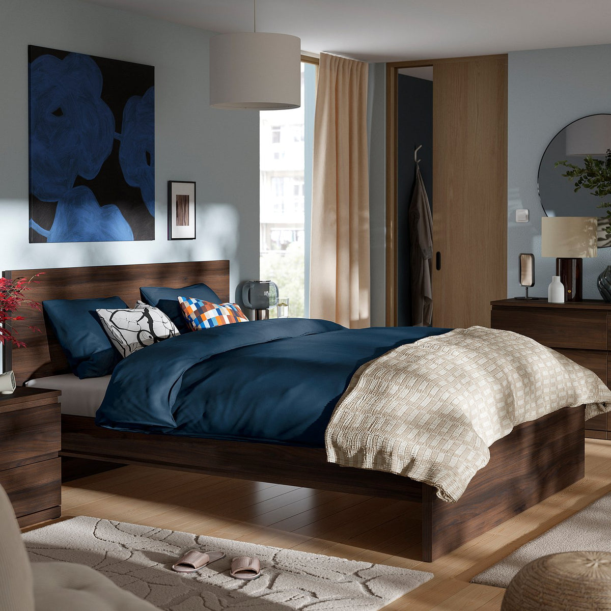 STORKLINTA bedroom furniture, set of 4, dark brown oak effect, 140x200 cm
