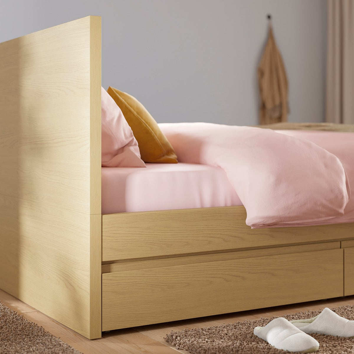 STORKLINTA bed frame with 4 storage boxes, oak effect, 160x200 cm