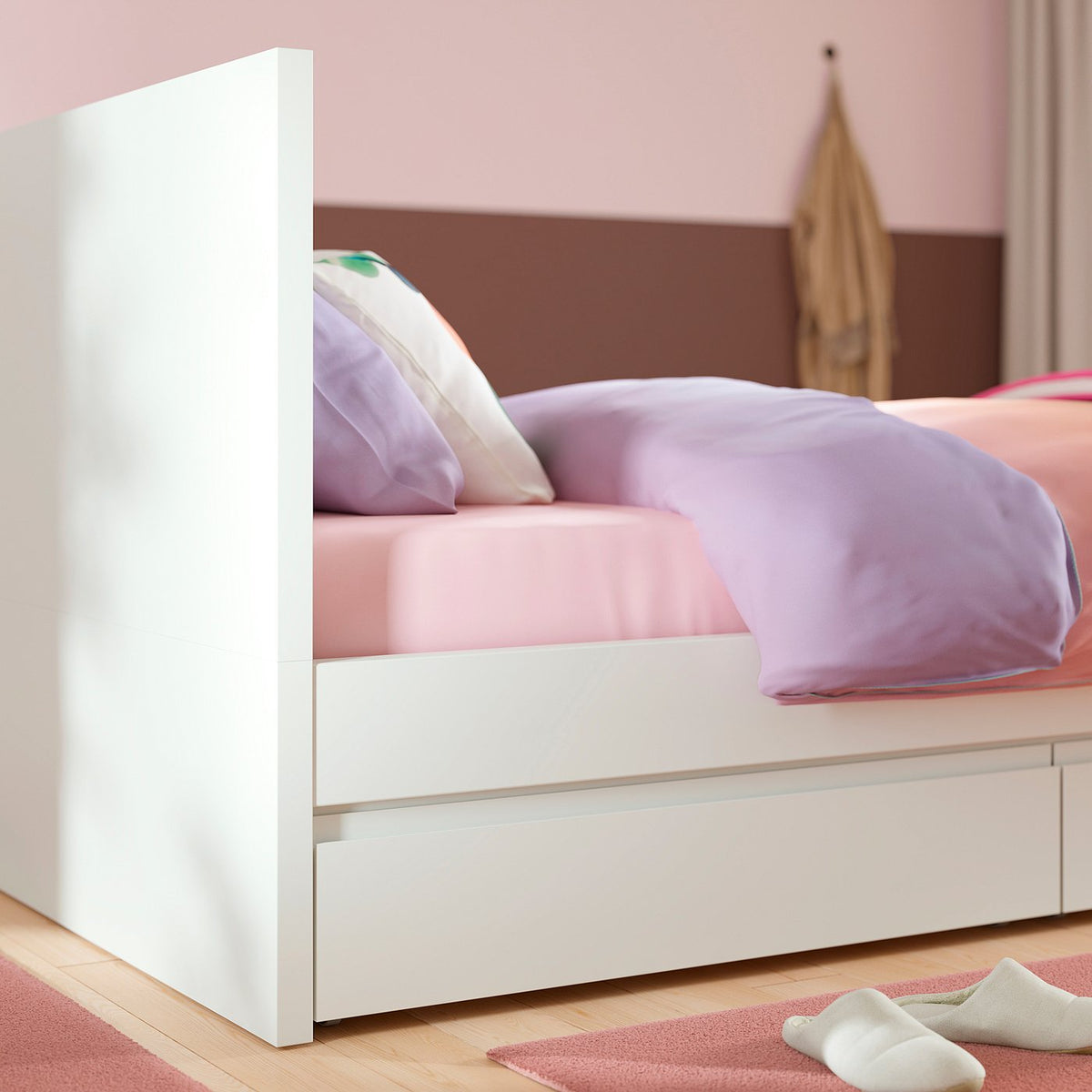 STORKLINTA bed frame with 2 storage boxes, white, 90x200 cm