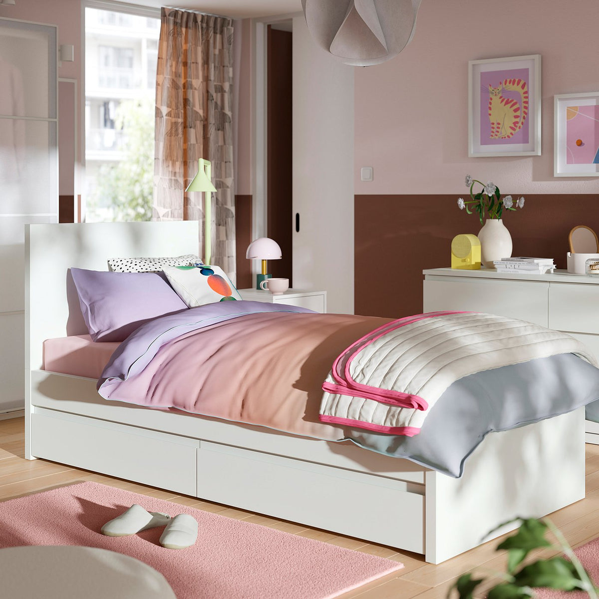 STORKLINTA bed frame with 2 storage boxes, white, 90x200 cm