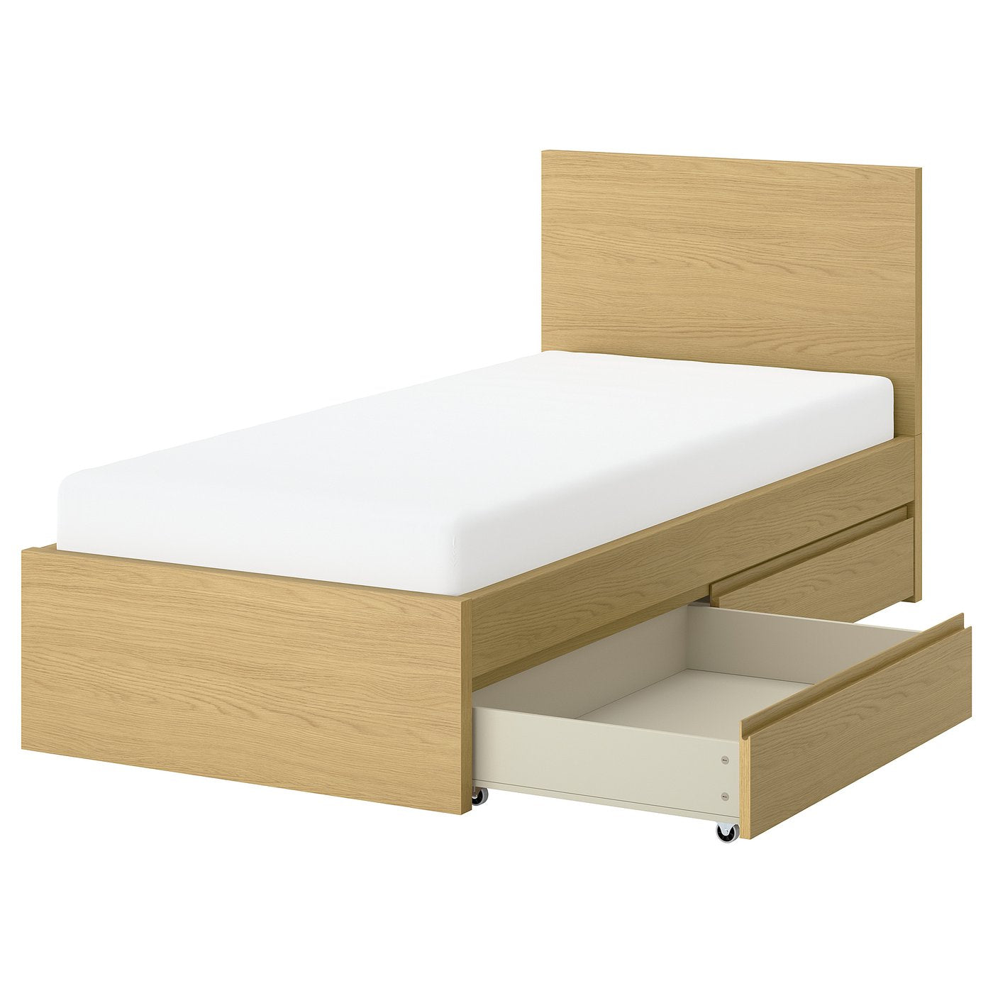 STORKLINTA bed frame with 2 storage boxes, oak effect/Leirsund, 90x200 cm