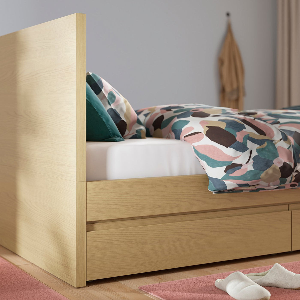 STORKLINTA bed frame with 2 storage boxes, oak effect/Leirsund, 90x200 cm
