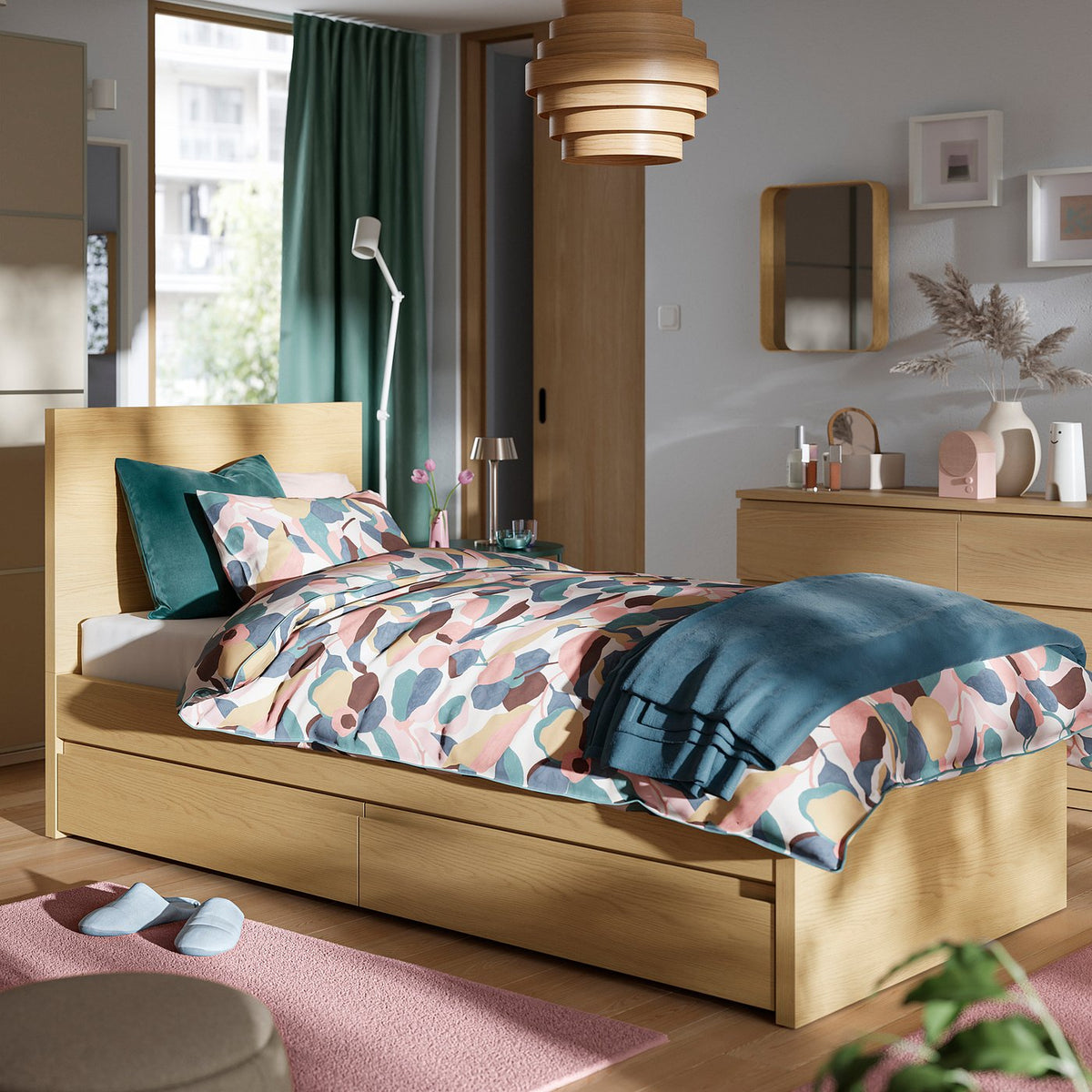 STORKLINTA bed frame with 2 storage boxes, oak effect/Leirsund, 90x200 cm