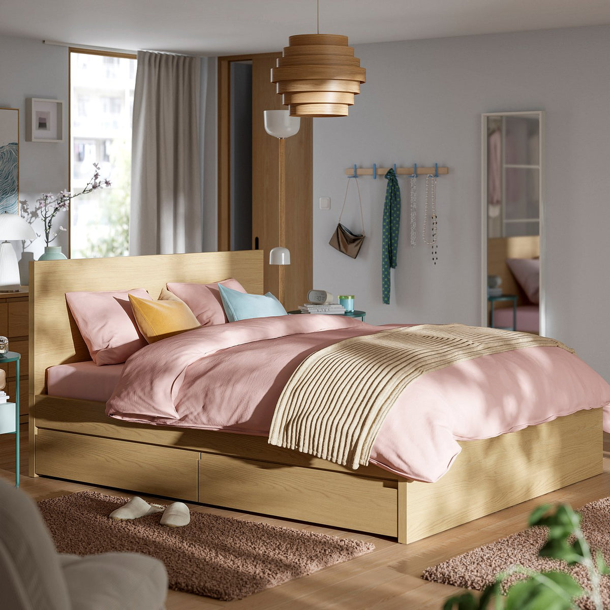 STORKLINTA bed frame with 2 storage boxes, oak effect/Lillhällan, 160x200 cm
