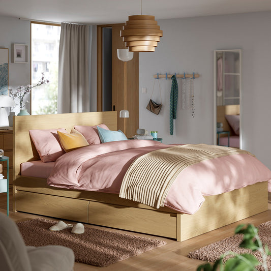 STORKLINTA bed frame with 2 storage boxes, oak effect/Lönset, 160x200 cm