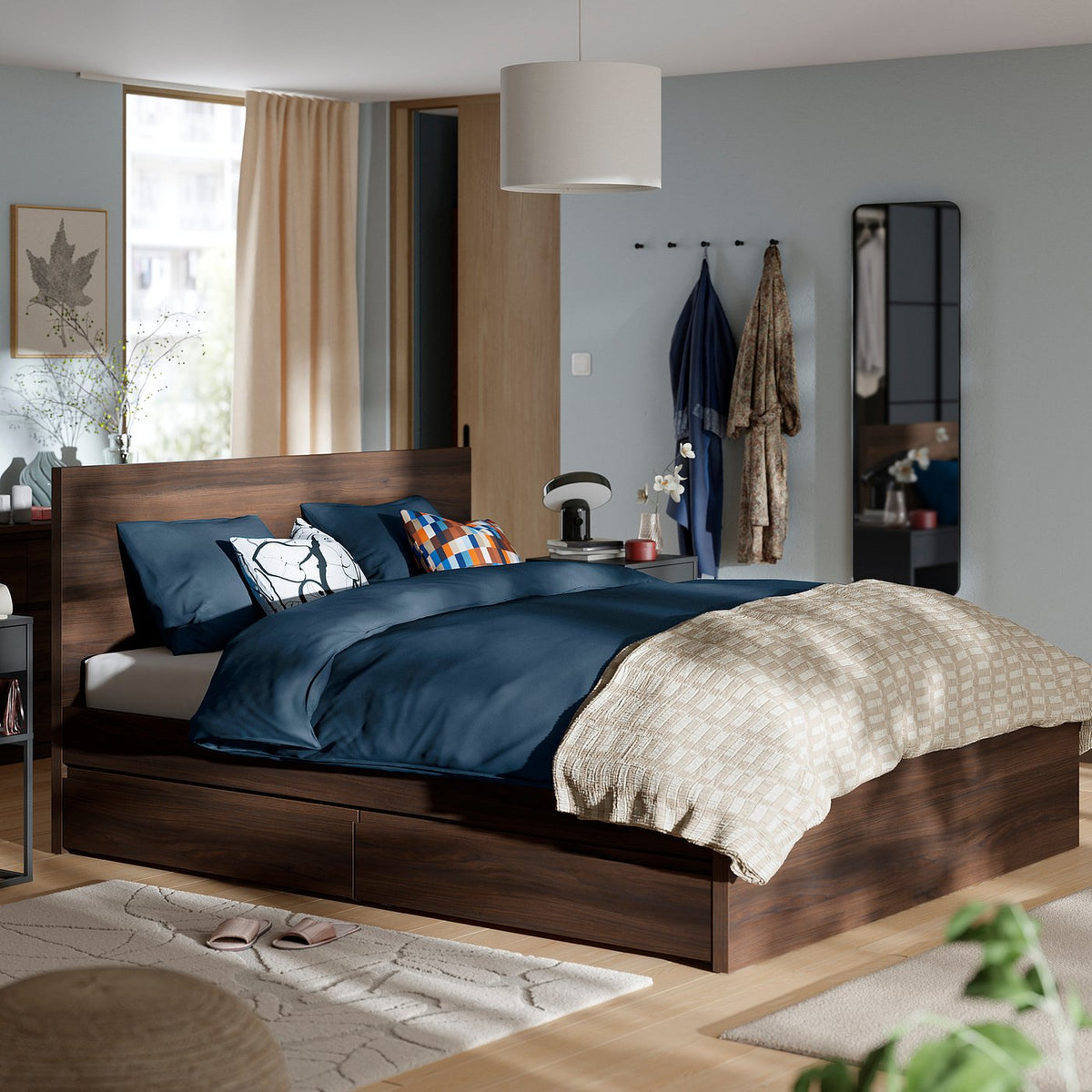 STORKLINTA bed frame with 2 storage boxes, dark brown oak effect/Leirsund, 160x200 cm