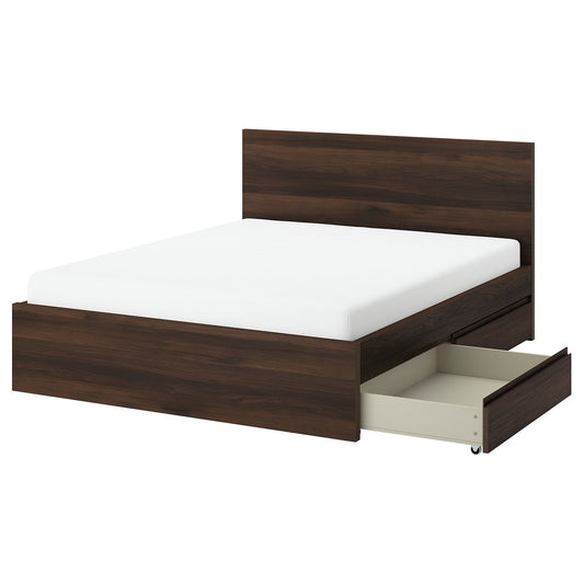 STORKLINTA bed frame with 2 storage boxes, dark brown oak effect/Lindbåden, 140x200 cm