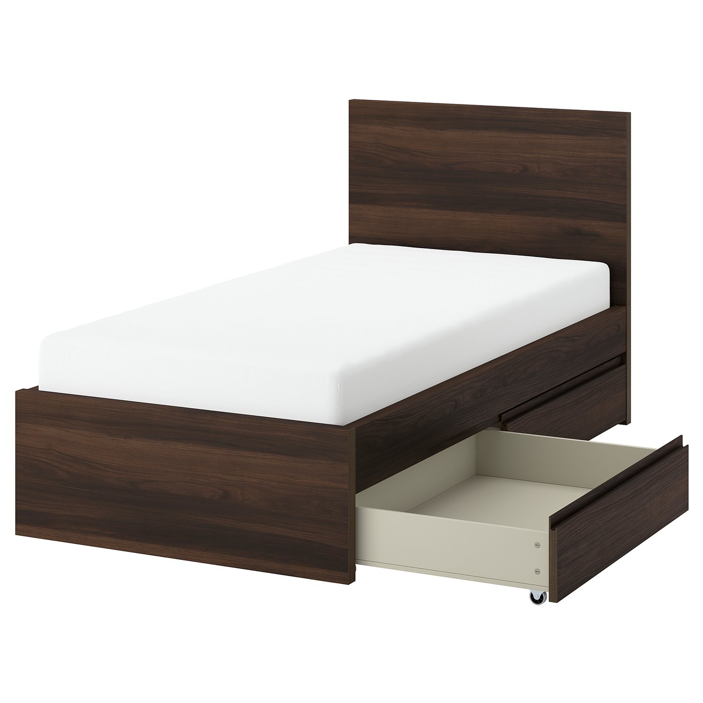 STORKLINTA bed frame with 2 storage boxes, dark brown oak effect, 90x200 cm