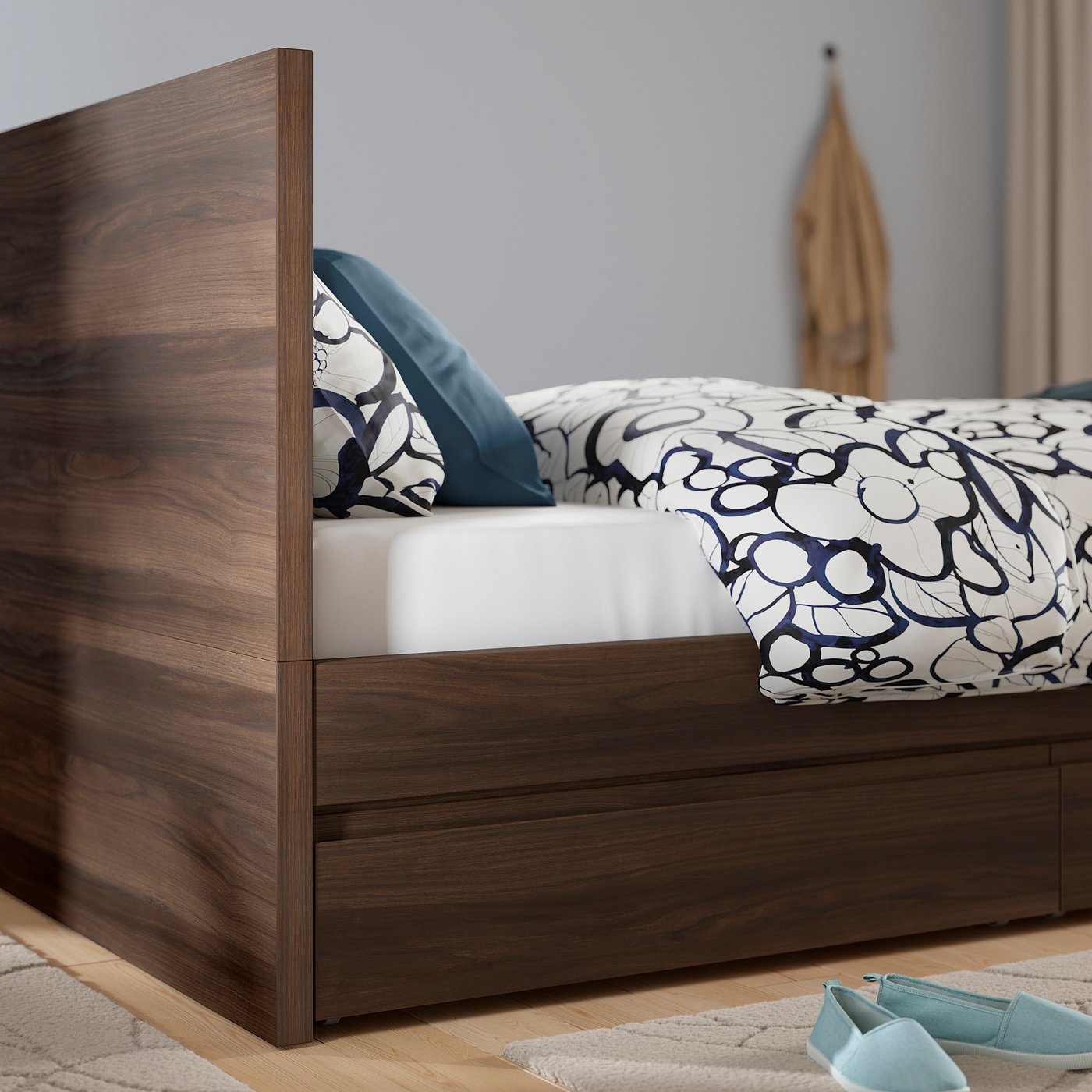 STORKLINTA bed frame with 2 storage boxes, dark brown oak effect, 90x200 cm