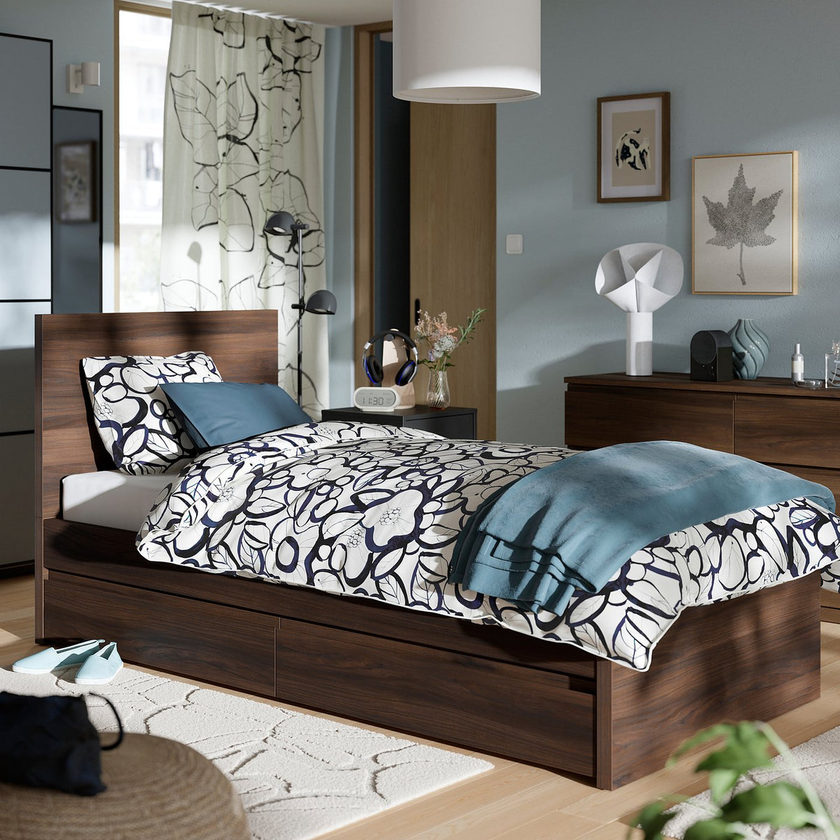 STORKLINTA bed frame with 2 storage boxes, dark brown oak effect, 90x200 cm
