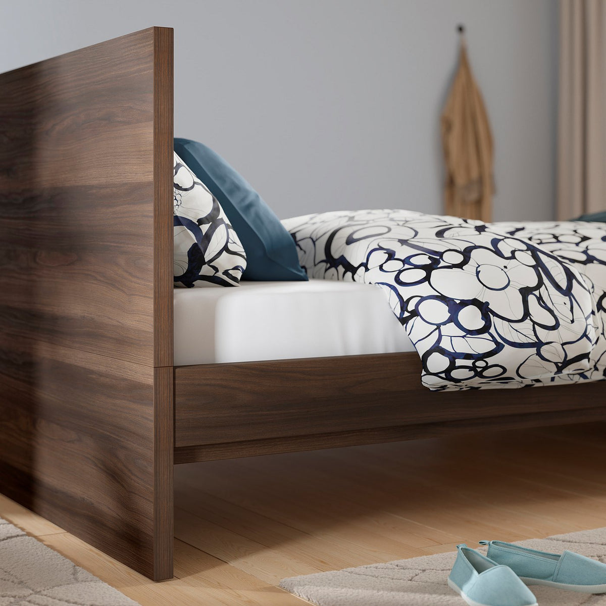 STORKLINTA bed frame, dark brown oak effect/Leirsund, 90x200 cm