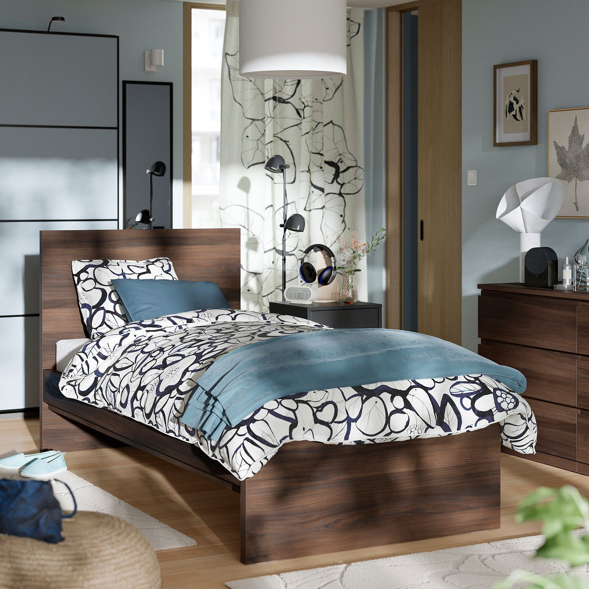 STORKLINTA bed frame, dark brown oak effect/Lönset, 90x200 cm