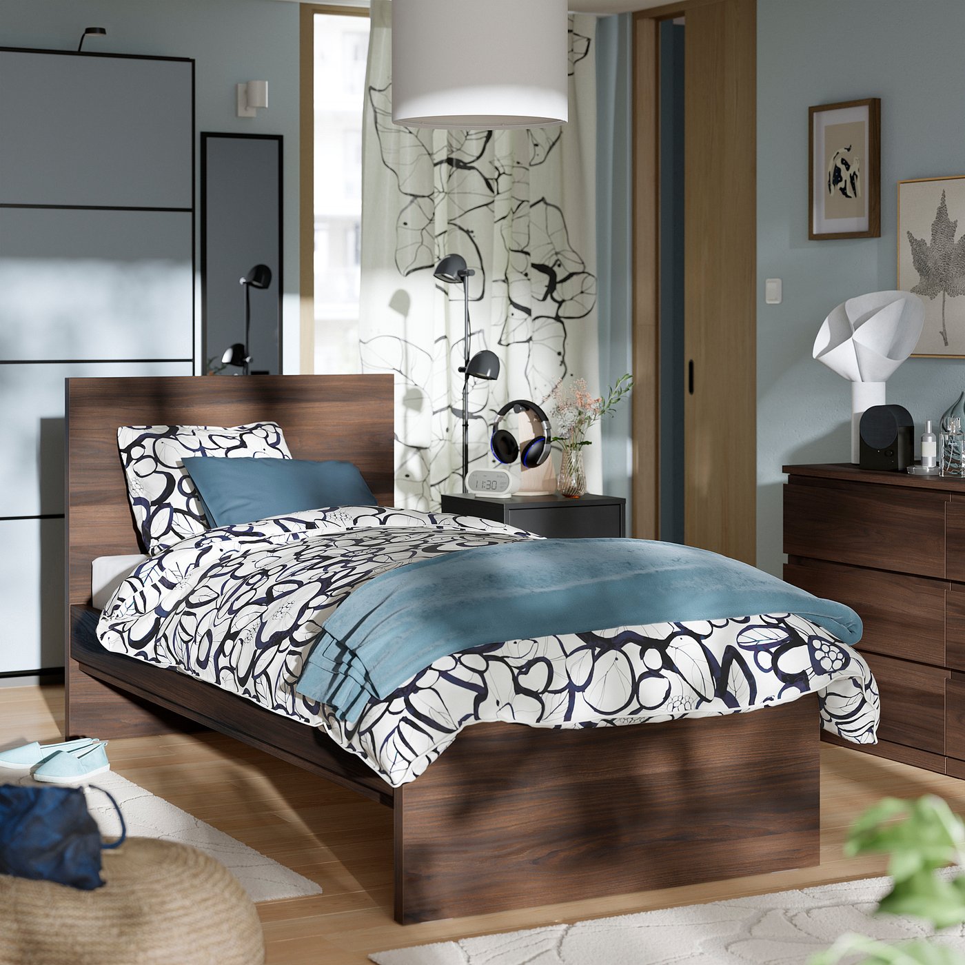 STORKLINTA bed frame, dark brown oak effect/Luröy, 90x200 cm