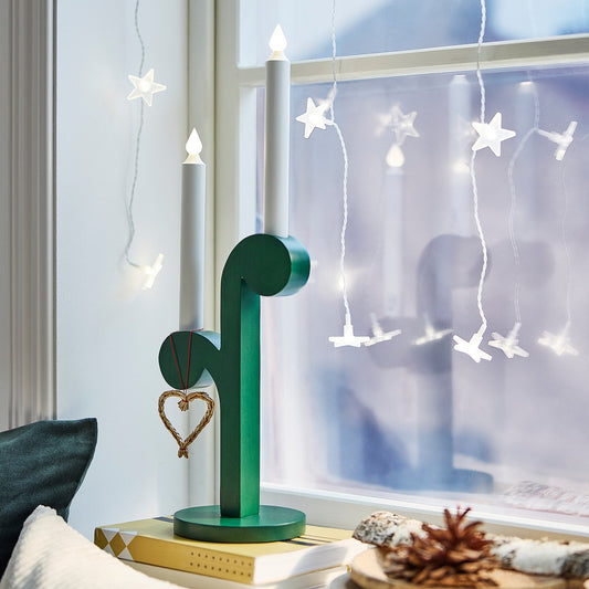 STRÅLA LED candle, battery-operated/wood green, 12 cm