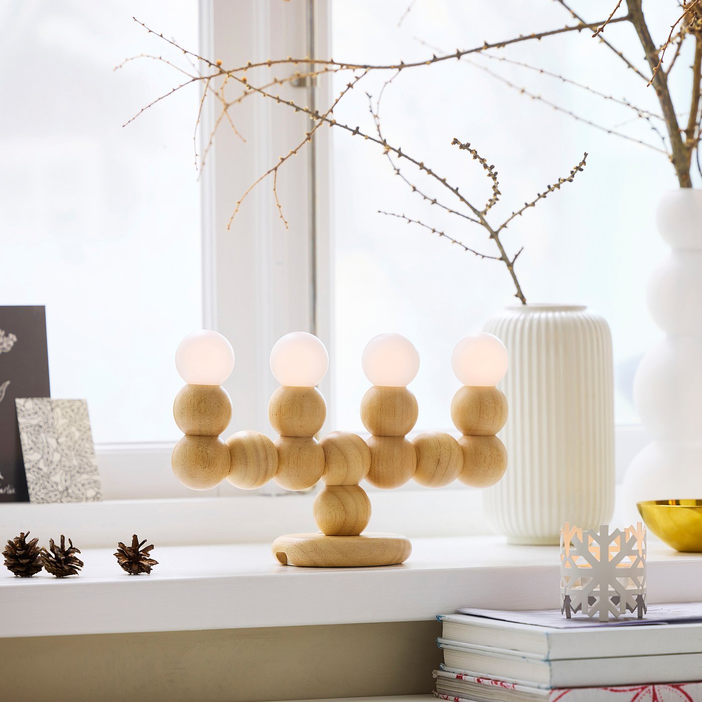 STRÅLA LED candelabra, wood battery-operated, 30.5x20 cm