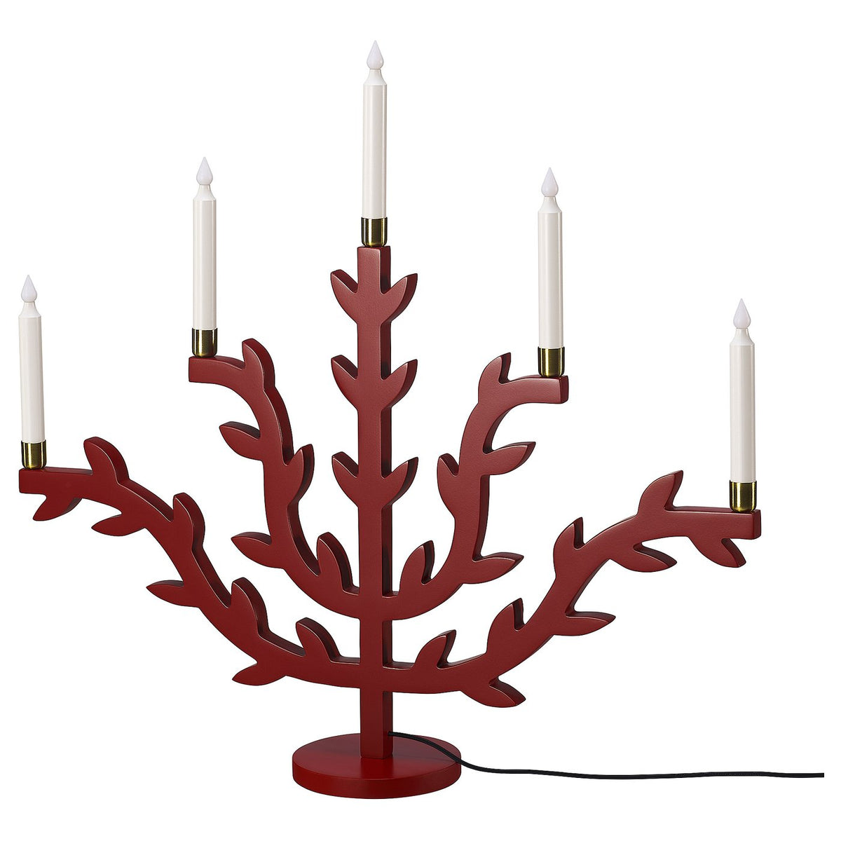 STRÅLA LED candelabra, wood leaf/red, 56x53 cm