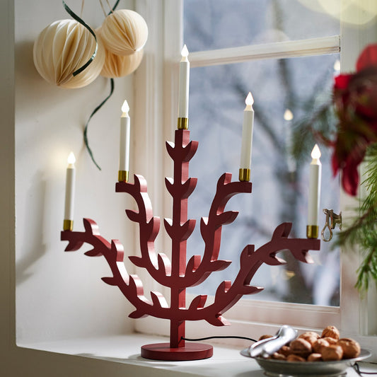 STRÅLA LED candelabra, wood leaf/red, 56x53 cm