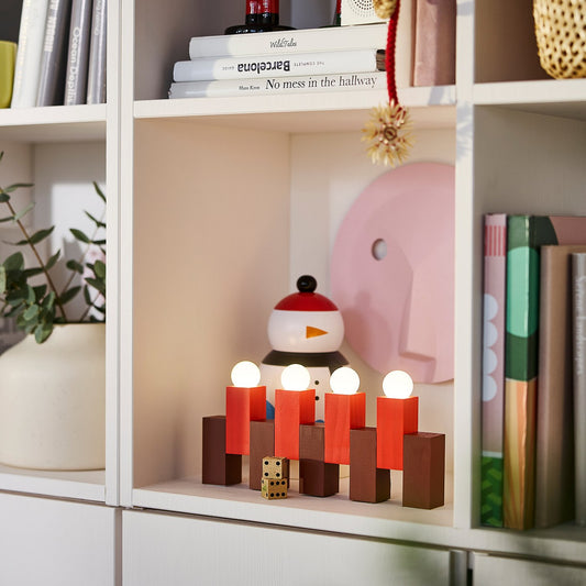 STRÅLA LED table decoration, battery-operated/wooden block red, 270 mmx135 mm cm