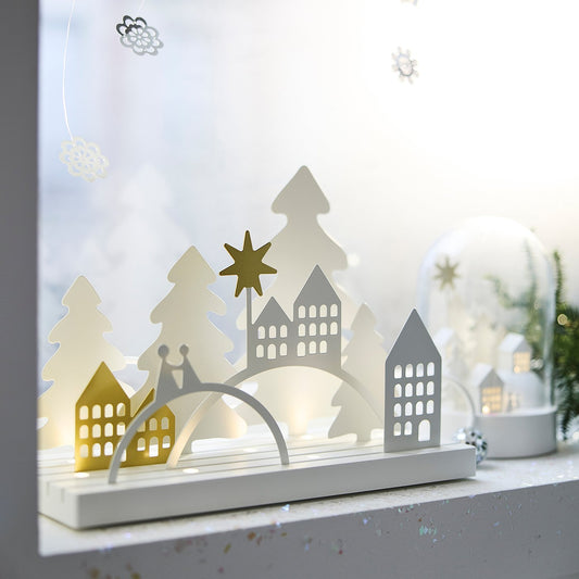 STRÅLA LED table decoration, landscape/village, 30x12 cm