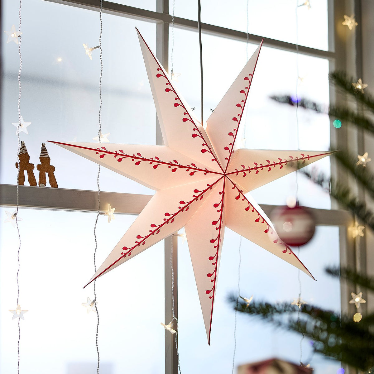 STRÅLA lamp shade, paper star/white red, 70 cm