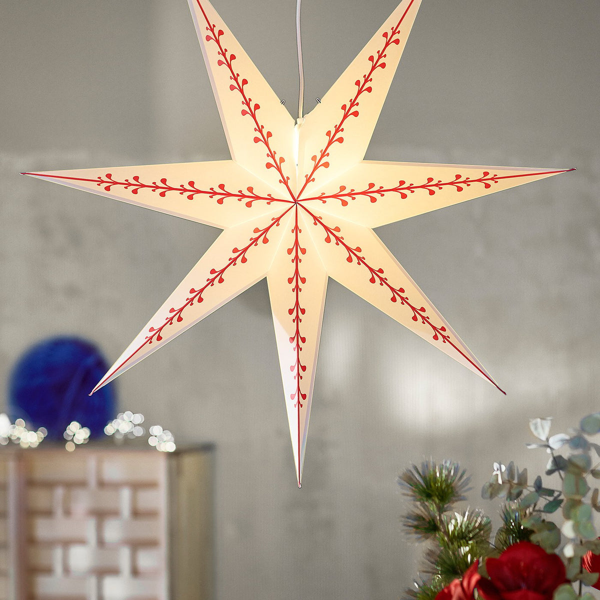STRÅLA lamp shade, paper star/white red, 90 cm