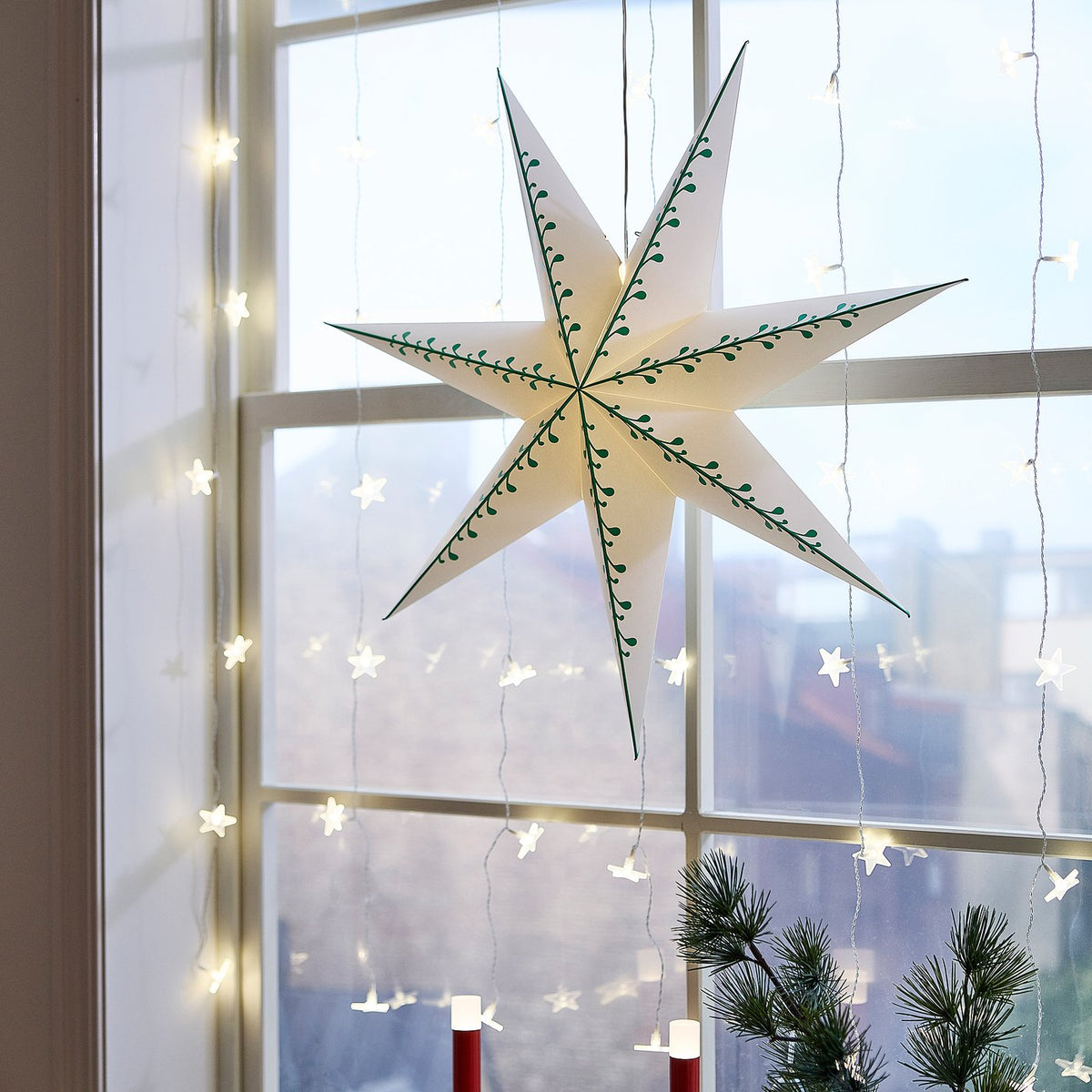 STRÅLA lamp shade, paper star/white green, 70 cm