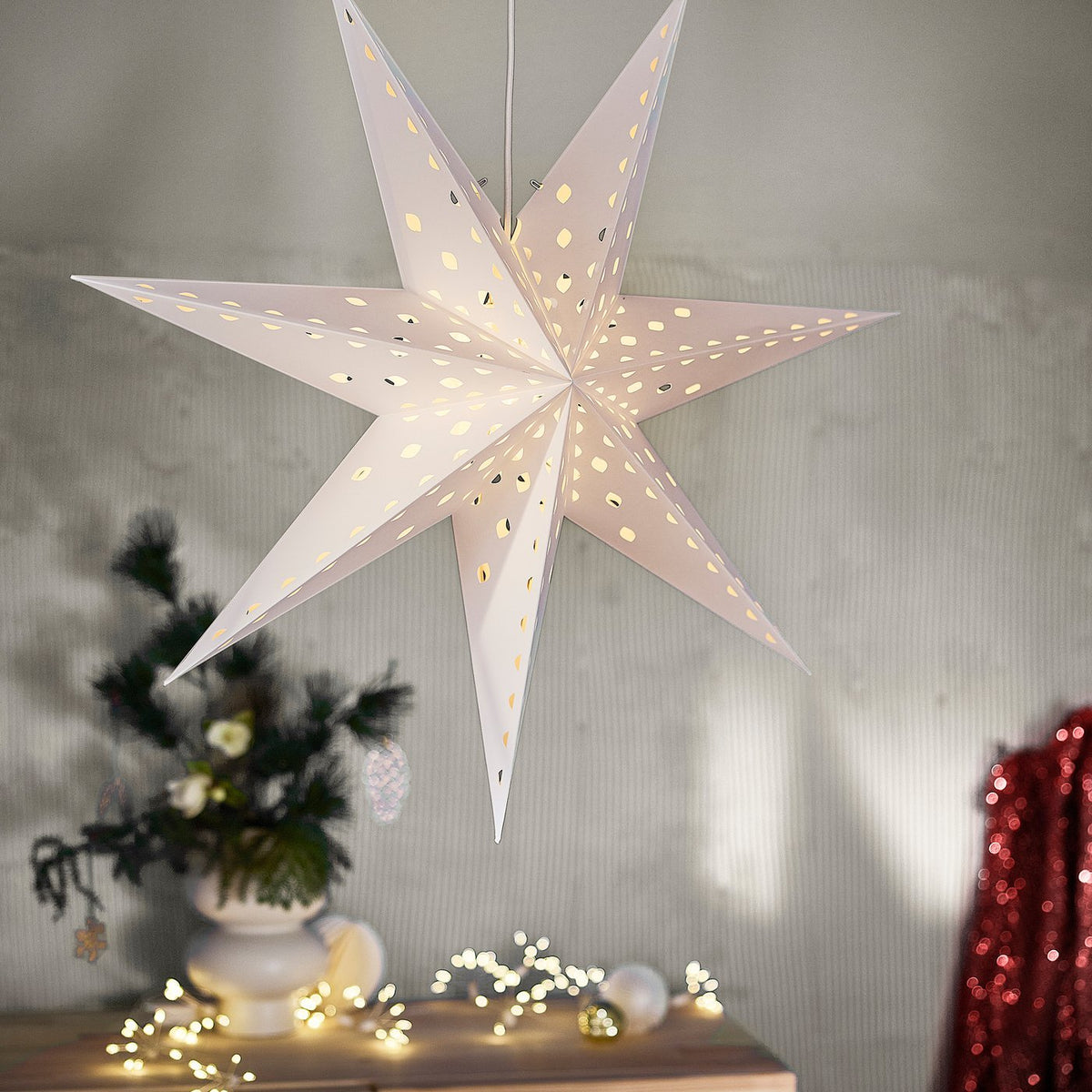STRÅLA lamp shade, paper star/with hole pattern white, 70 cm