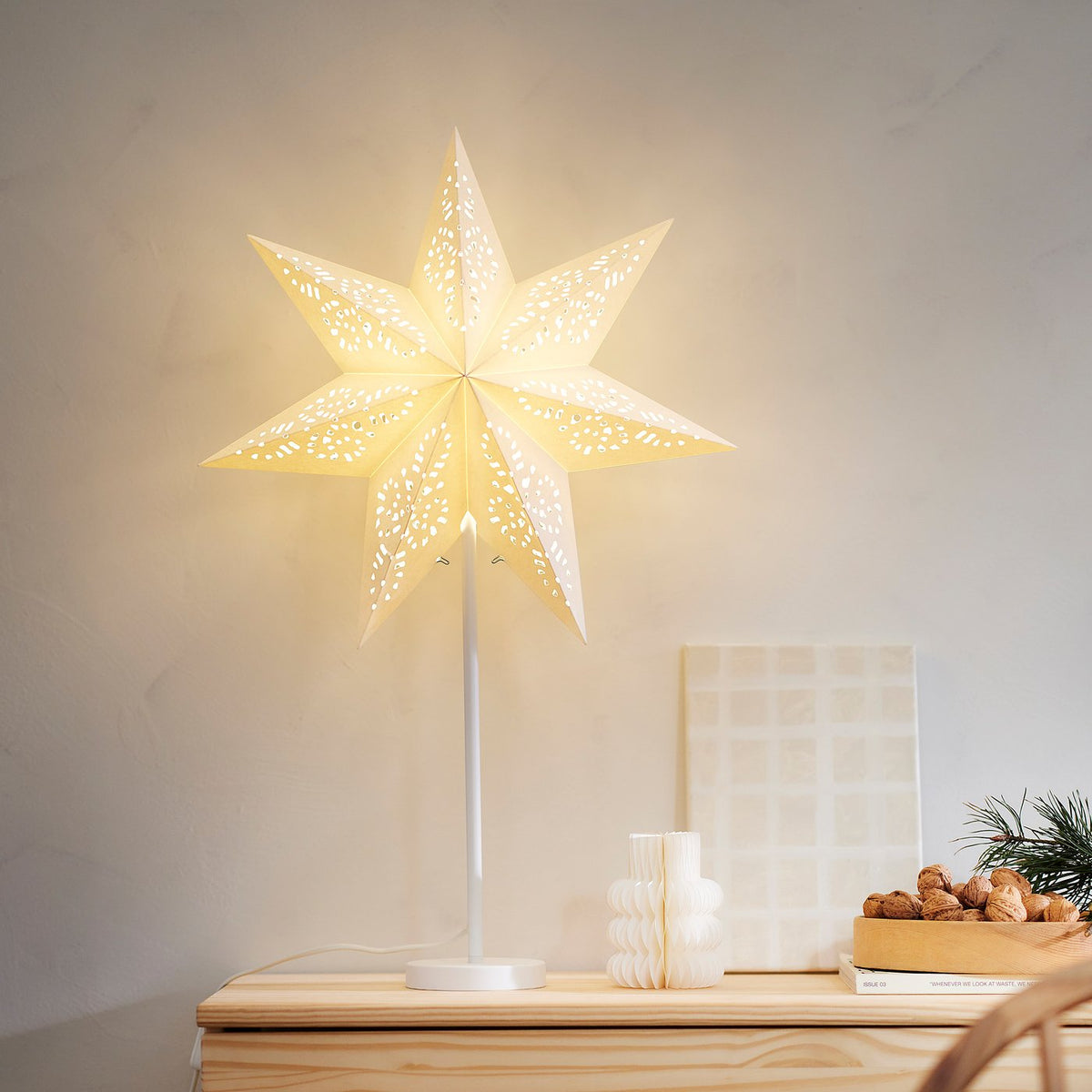 STRÅLA lamp shade, paper star/lace white, 48 cm