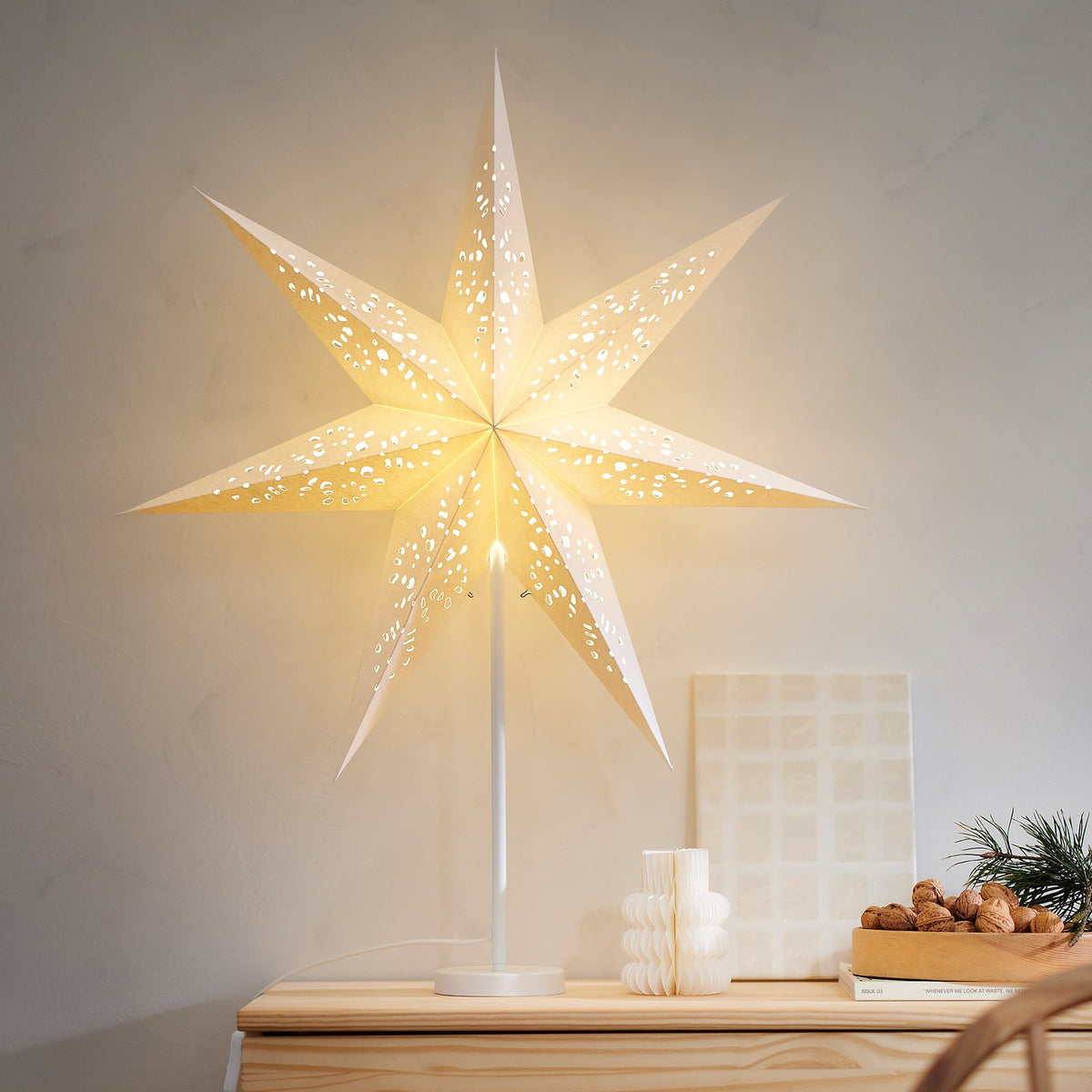 STRÅLA lamp shade, paper star/lace white, 70 cm
