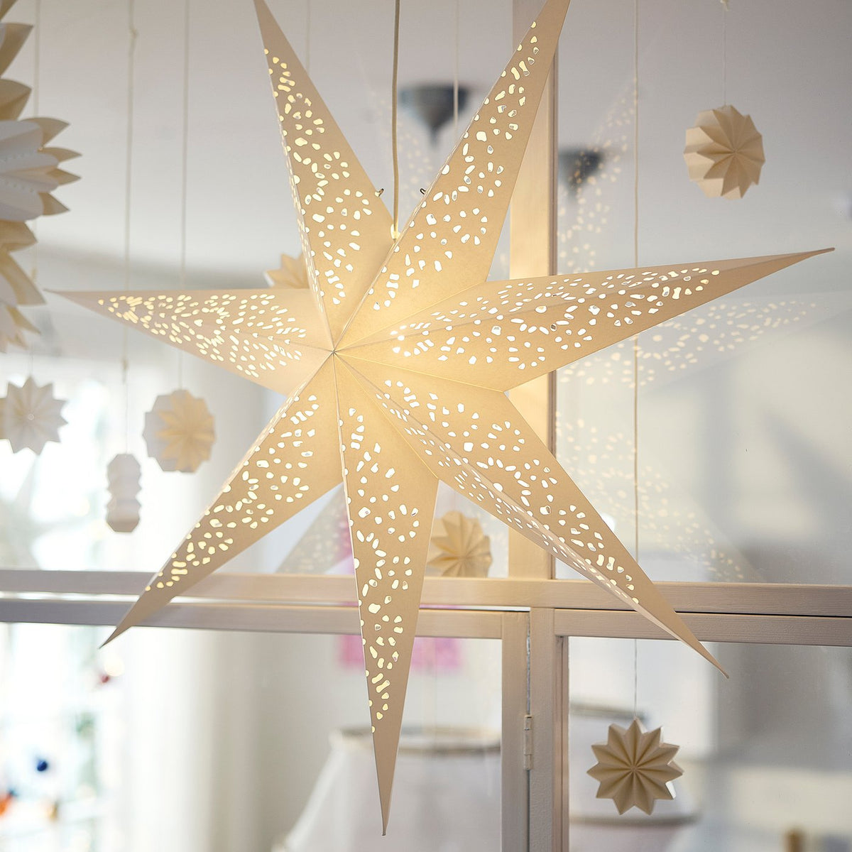 STRÅLA lamp shade, paper star/lace white, 90 cm