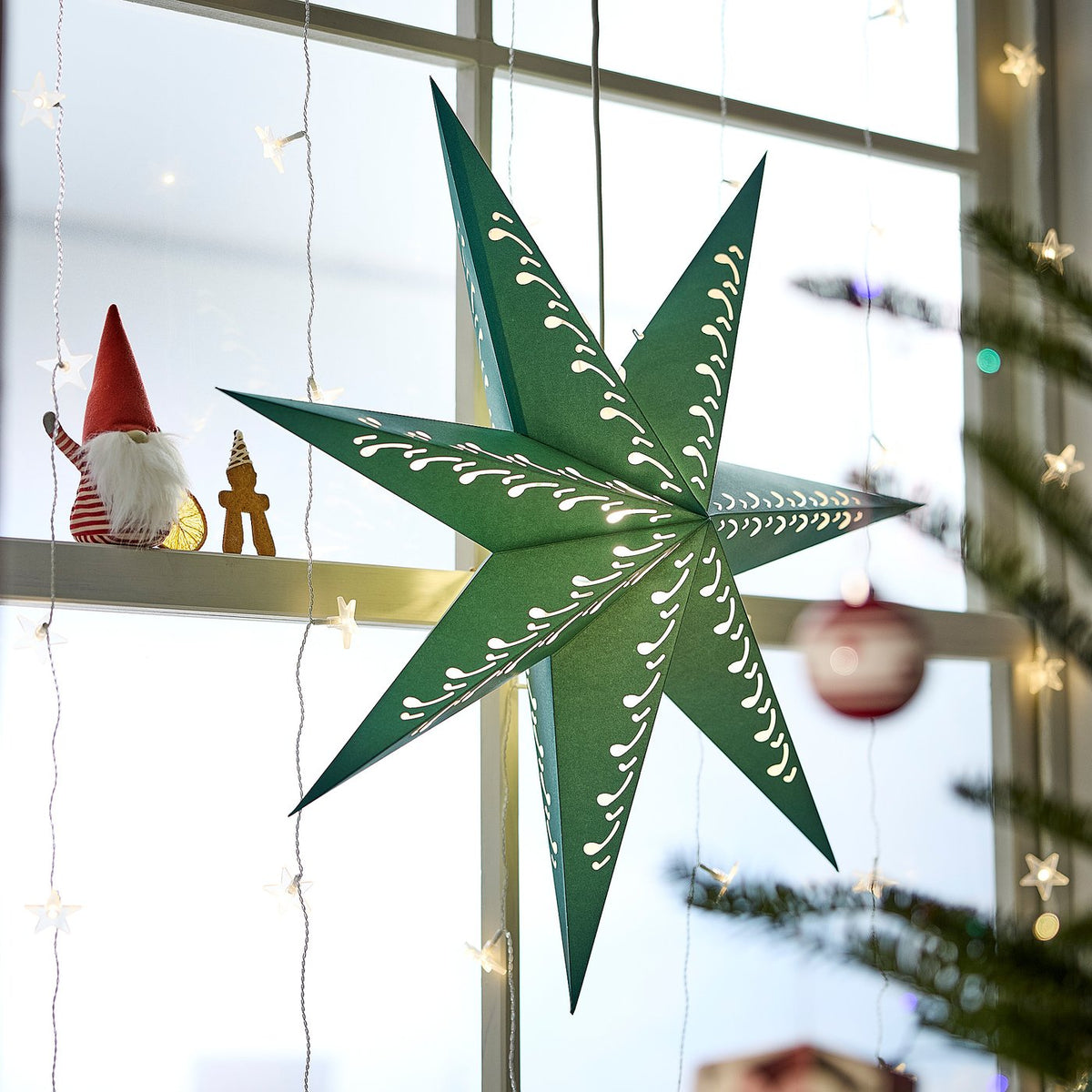 STRÅLA lamp shade, paper star/green white, 70 cm