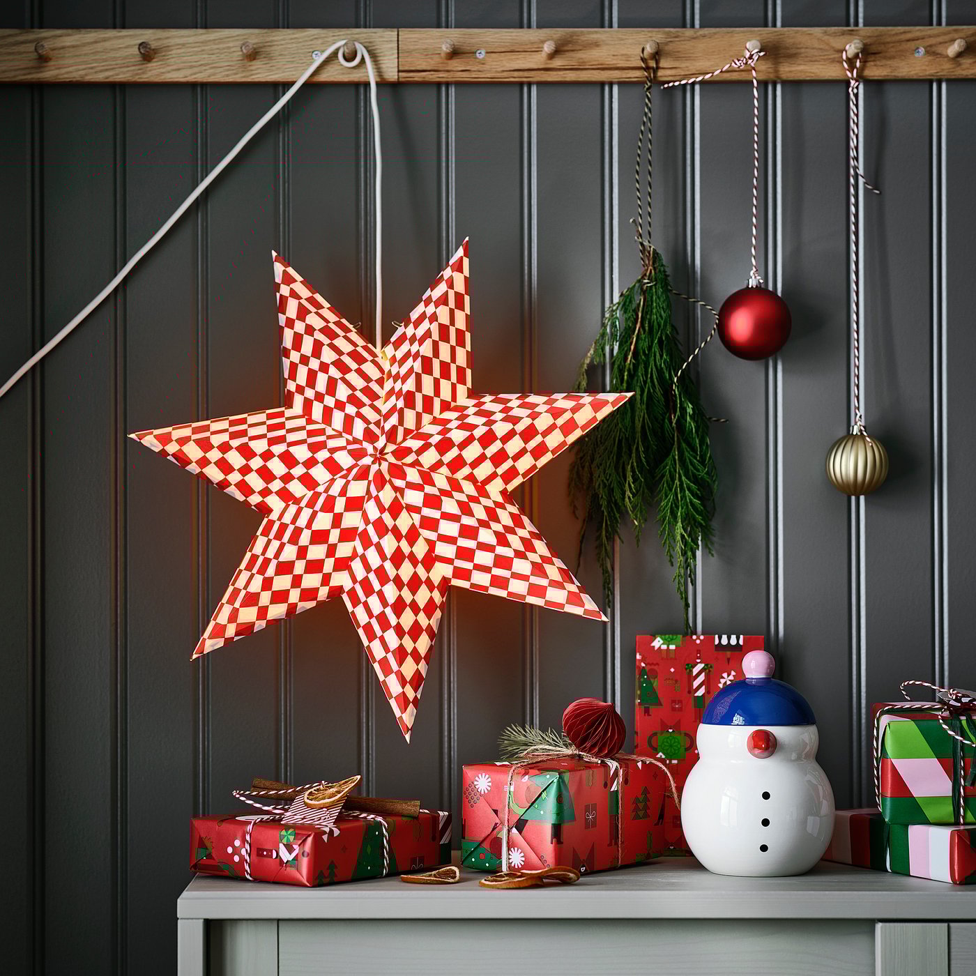 STRÅLA lamp shade, red/white, 48 cm